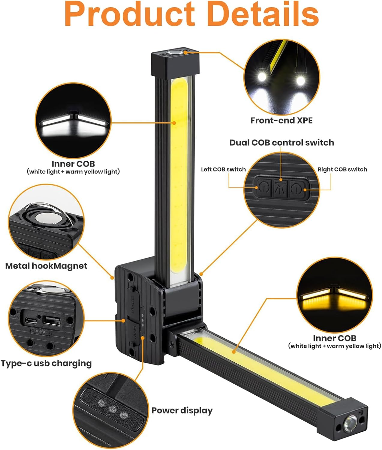 Gym Lamp for Posing, 180 Degree Folding Magnetic Work Light, 7Th Gear Dimming, Portable Magnetic LED Flashlight with Hanging Hook, Handheld USB Rechargeable Power Bank Camping Light image number 5