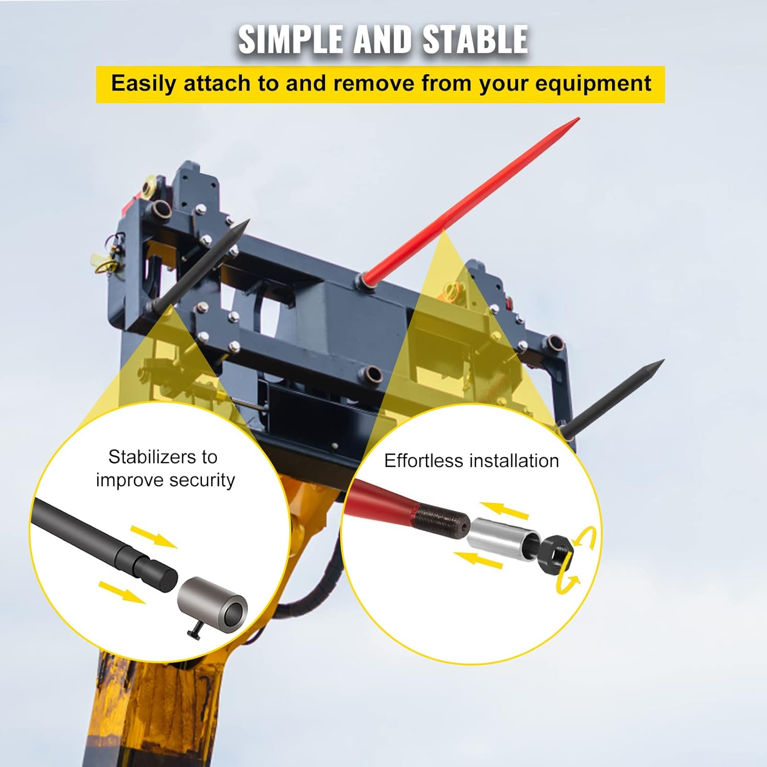 VEVOR Hay Spear 49" Bale Spear 3000 Lbs Capacity, Bale Spike Quick Attach Square Hay Bale Spears, Red Coated Bale Forks, Bale Hay Spike with 2 Stabilizer Spears image number 6