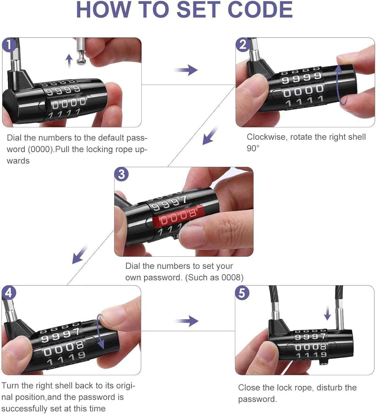 4 Digit Combination Padlock, 6.9 Inch Long Shackle Cable Lock with 4-Digit Resettable Combination, Waterproof Steel Padlock for Outdoor Fence, Gym, School Locker, Suitcase Bag, Bike Security image number 1