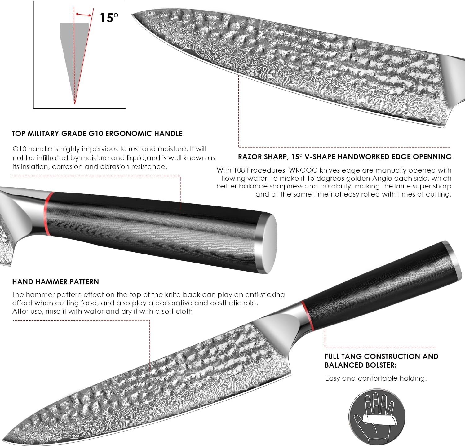 Knife Set 3-Piece Damascus Steel Chef Knife Set &ndash; 8 Inch Razor Sharp Kitchen Knives, 7 Inch Nakiri Knife, 5 Inch Slicing Knife with Ergonomic G10 Handle Cooking Knife Set, Gift Box - Damascus Knife 3-Piece image number 4