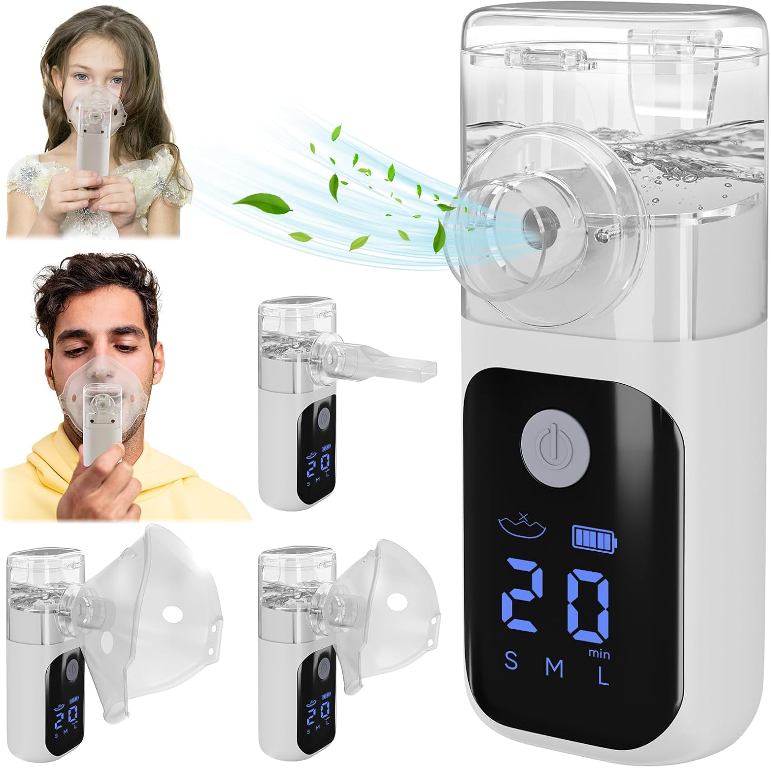 Portable Nebuliser Machine for Adults&Kids, Handheld Nebulizers Device Mesh Nebuliser Rechargeable with Masks&Mouthpiece for Travel Use, Lcd-Display