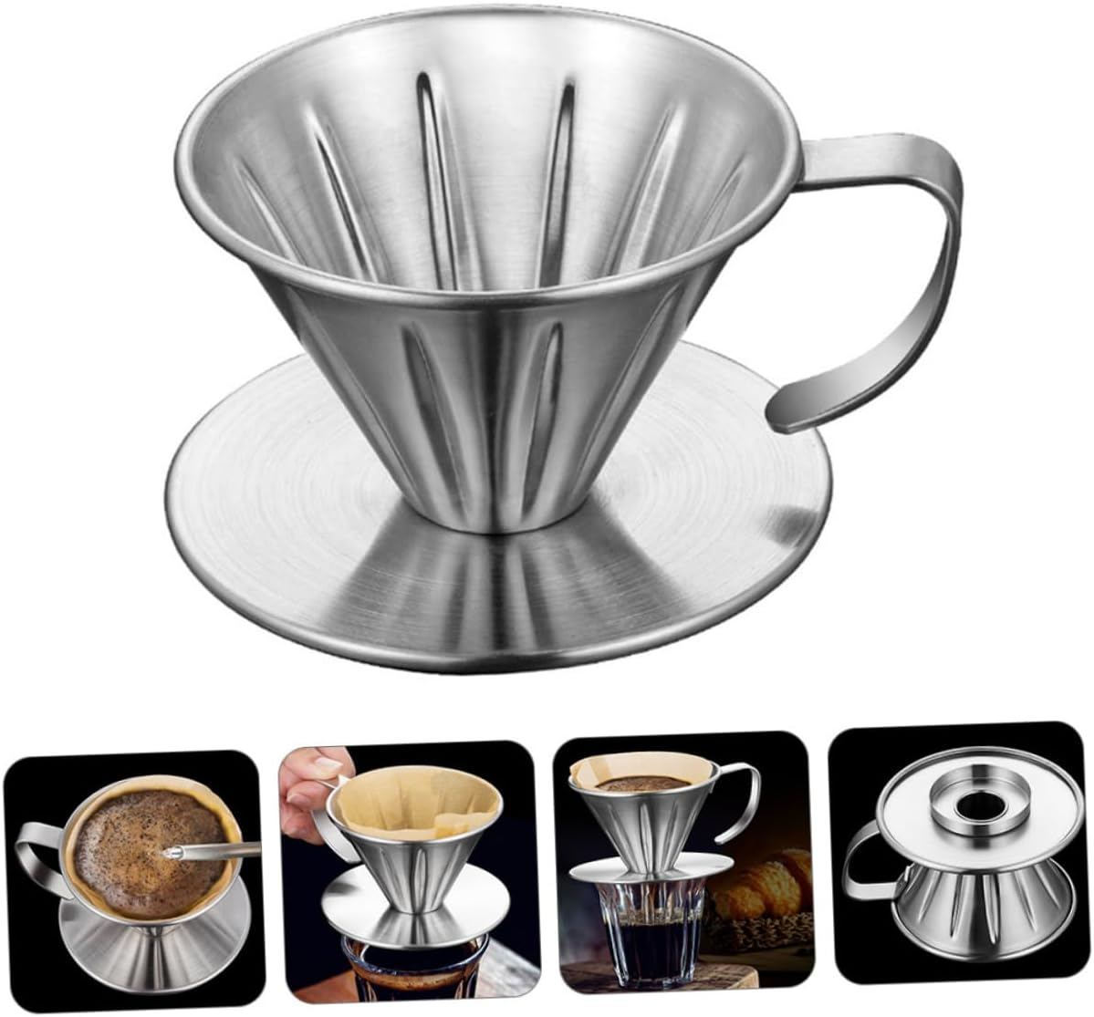 TOBBOMEY Stainless Steel Coffee Filter Coffee Strainer with Handle and Base Tea Making Tool Reusable Drip Filter for Brewing image number 6