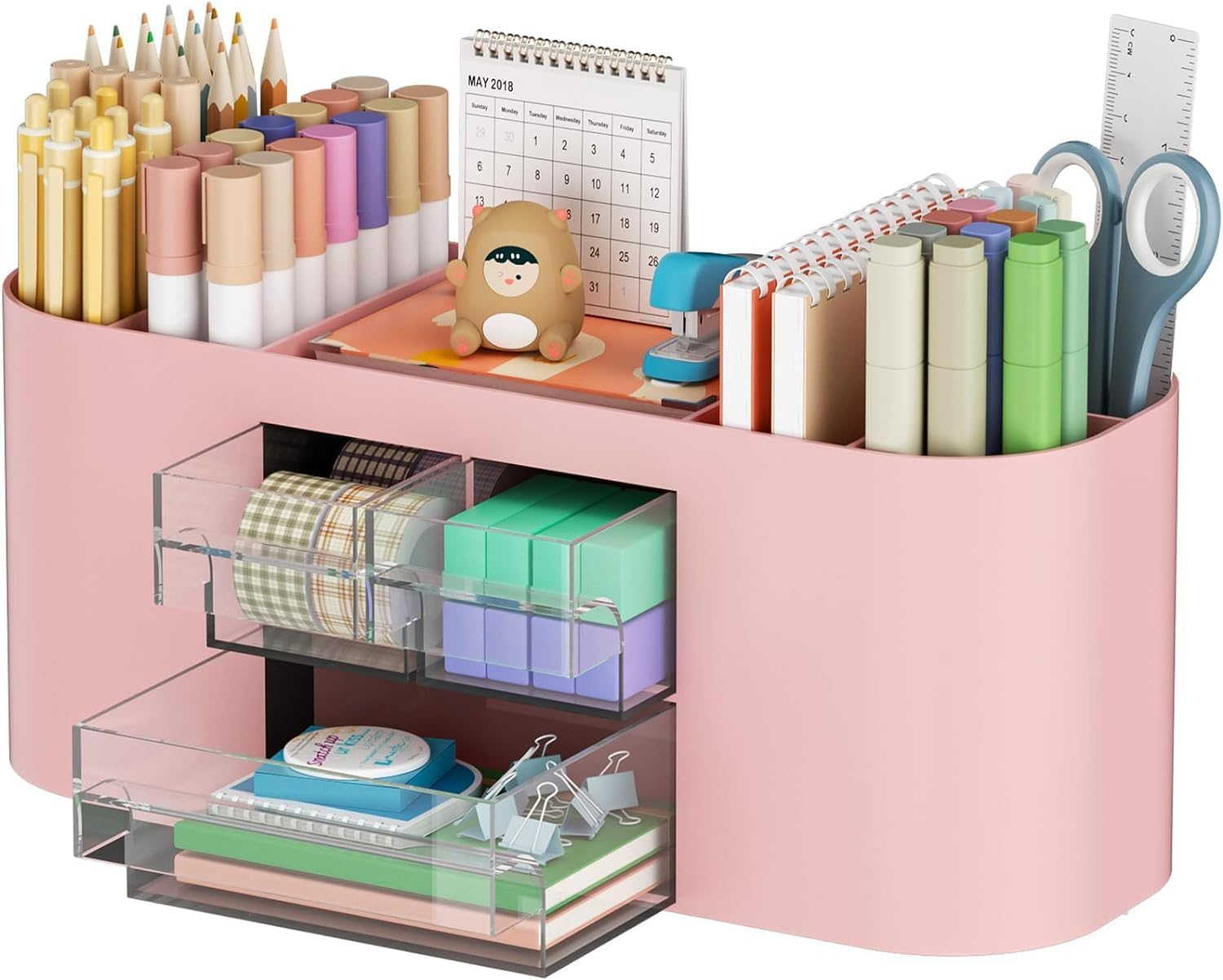 AUMA Desk Organizer Pen Holder for Desk with 3 Drawers, Multi-Functional Pencil Holder, Desk Organizers and Accessories with 7 Compartments + Drawer for Home, School, Classroom(Pink)