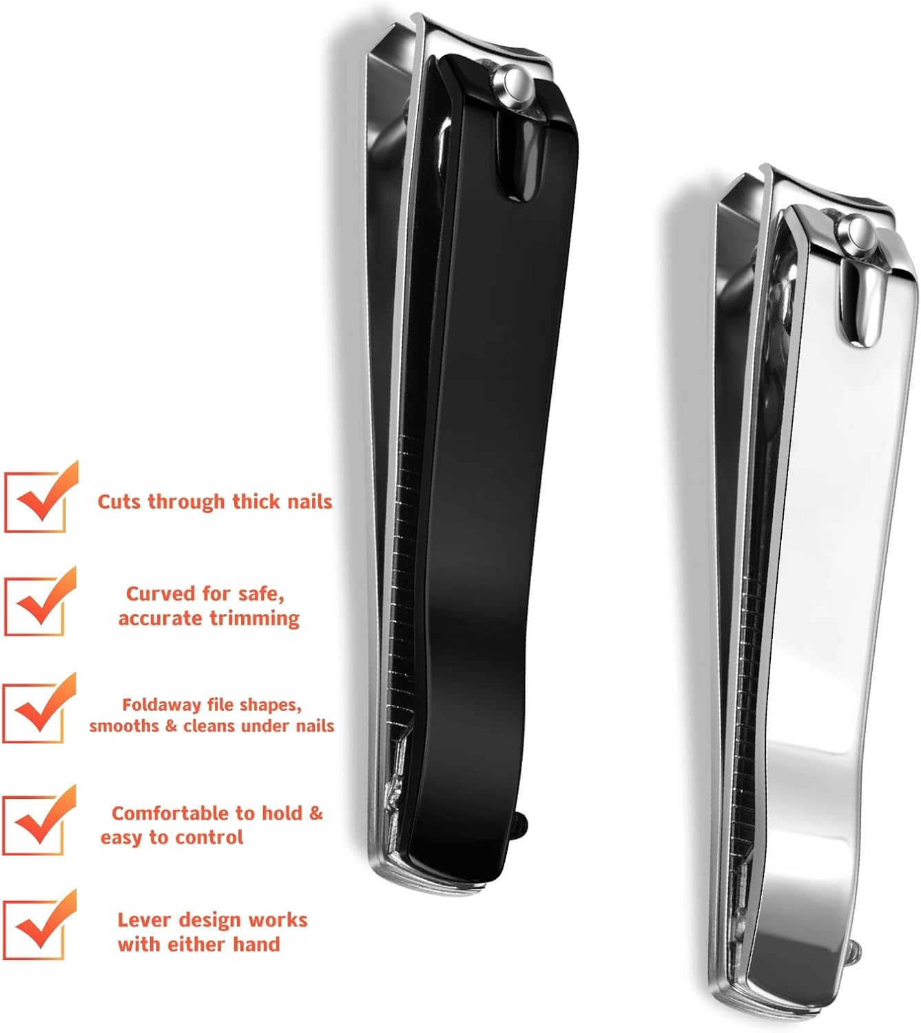 Ucheom Large Nail Clippers 2-Pack, Sharp Stainless Steel Fingernail & Toenail Trimmers with Nail File, Manicure Kit Fingernail Tools for Men & Women, Black and Silver Color