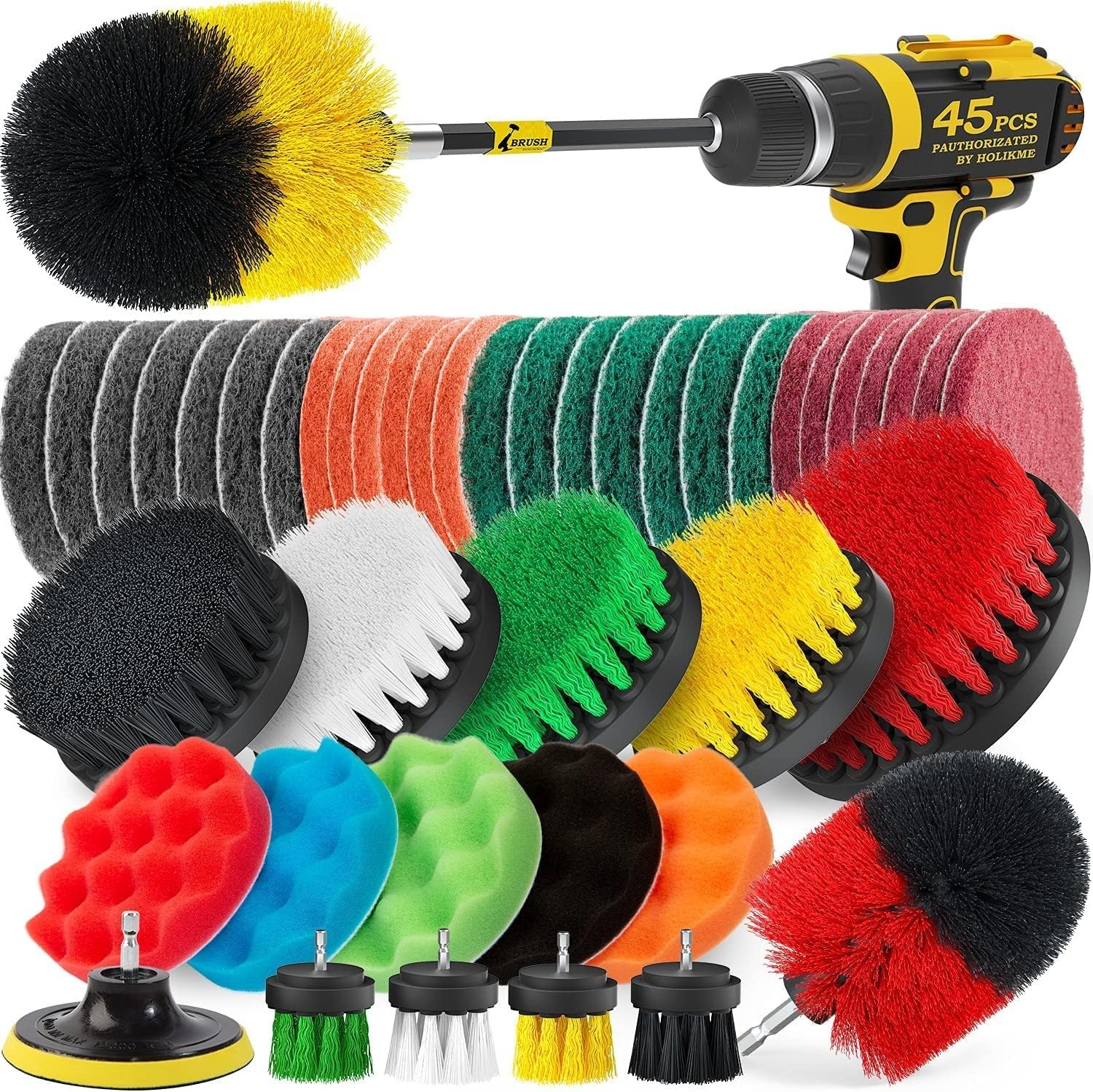45 Piece Drill Brush Attachment Set Scrub Pads Scouring Pads Power Scrubber Brush with Extend Long Attachment All Purpose Clean for Grout, Tiles, Sinks, Bathtub, Bathroom, Kitchen image number 1