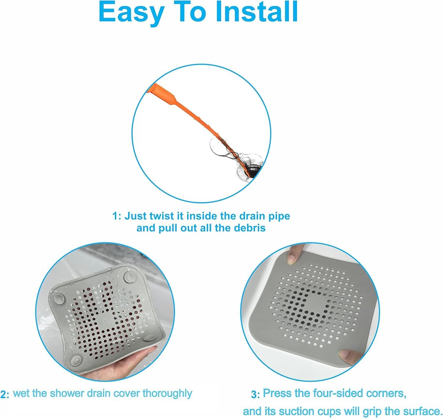 3 Pack Shower Hair Drain Catcher Is Hair Stopper for Shower Drain with 4 Suction Cups Easy to Install Hair Catcher Shower Drain Suit for Bathroom Bathtub Kitchen (Grey, 5.7") image number 3