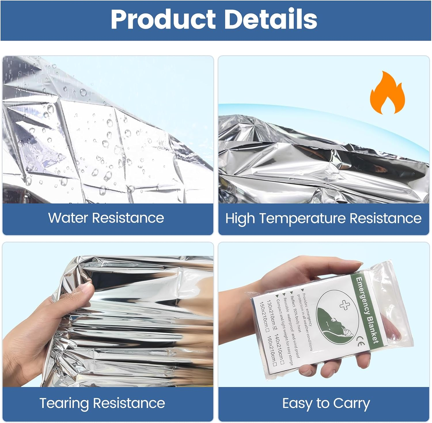 8 Pack Emergency Thermal Blankets, Survival Blankets Reflective First Aid, Blanket for Camping Hiking Outdoor Warm Insulated Heat Insulation and Waterproof - Silver/4Pcs + Golden/4Pcs image number 2