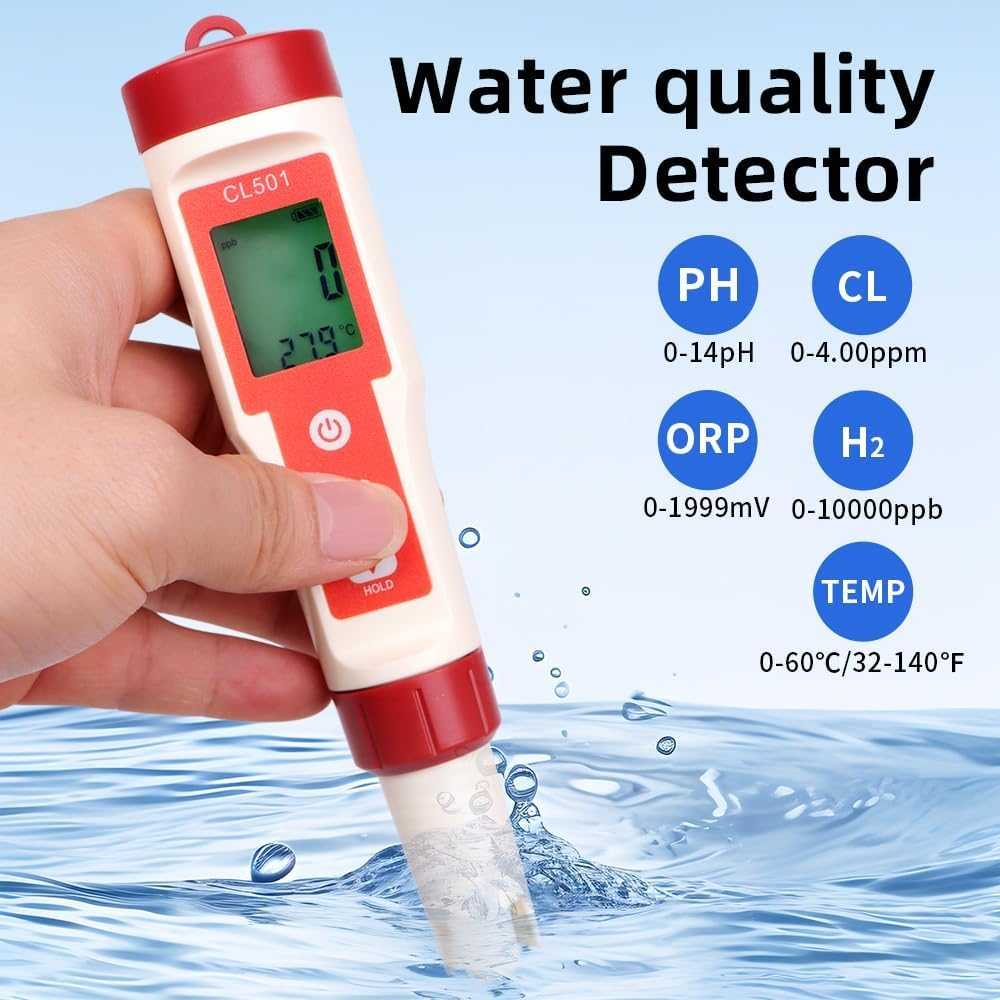B-Qtech Water Quality Tester, Ph/Cl/Orp/H2/Temp 5 in 1, Chlorine Tester Digital, Portable PH Tester with LCD Display, for Drinking Water, Swimming Pool, Pool, Spa or Laboratory image number 2