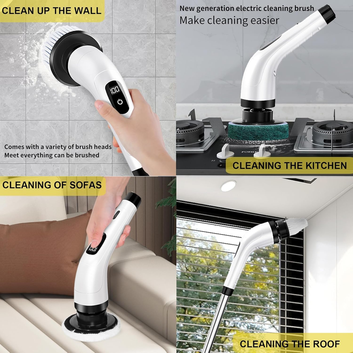 Electric Spin Scrubber Cordless - Lightweight Bathroom Cleaning Brush Scrubber with 6 Replaceable Brush Heads, Power Scrubber with 3 Speeds Tub and LED Display, 4000Mah (Classic White) - Classic White image number 2