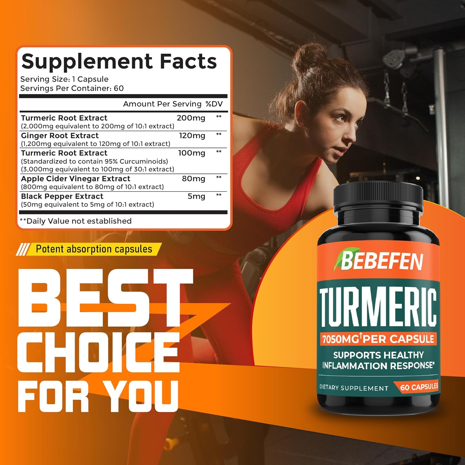 Turmeric Curcumin with Apple Cider Vinegar, Ginger 7050Mg - 95% Curcuminoids for Support Immune System - 2 Months Supply image number 4