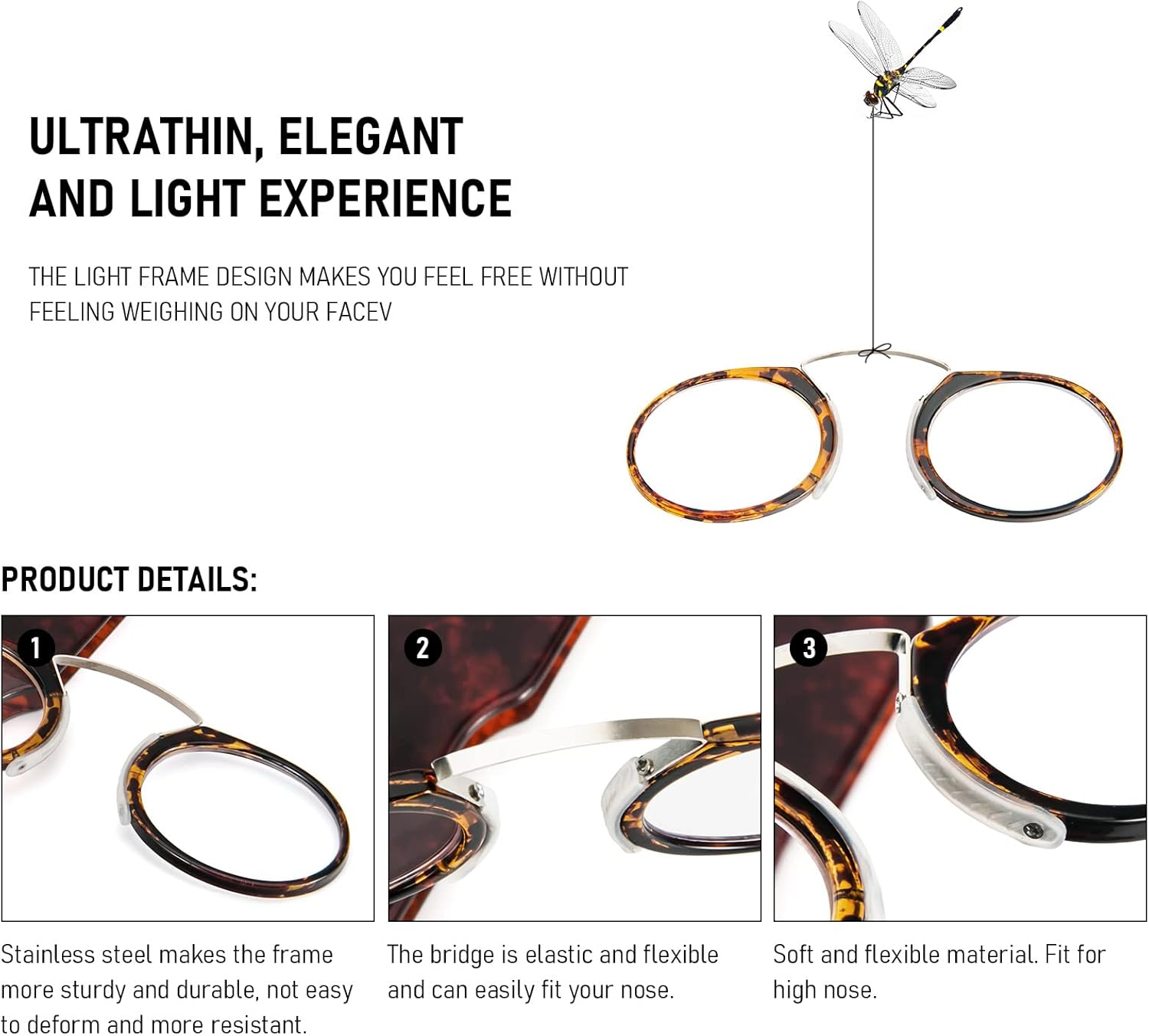 REAVEE Go Everywhere Nose Resting Pinching Reading Glasses with Pod Case Thin Reading Glasses for Men image number 5