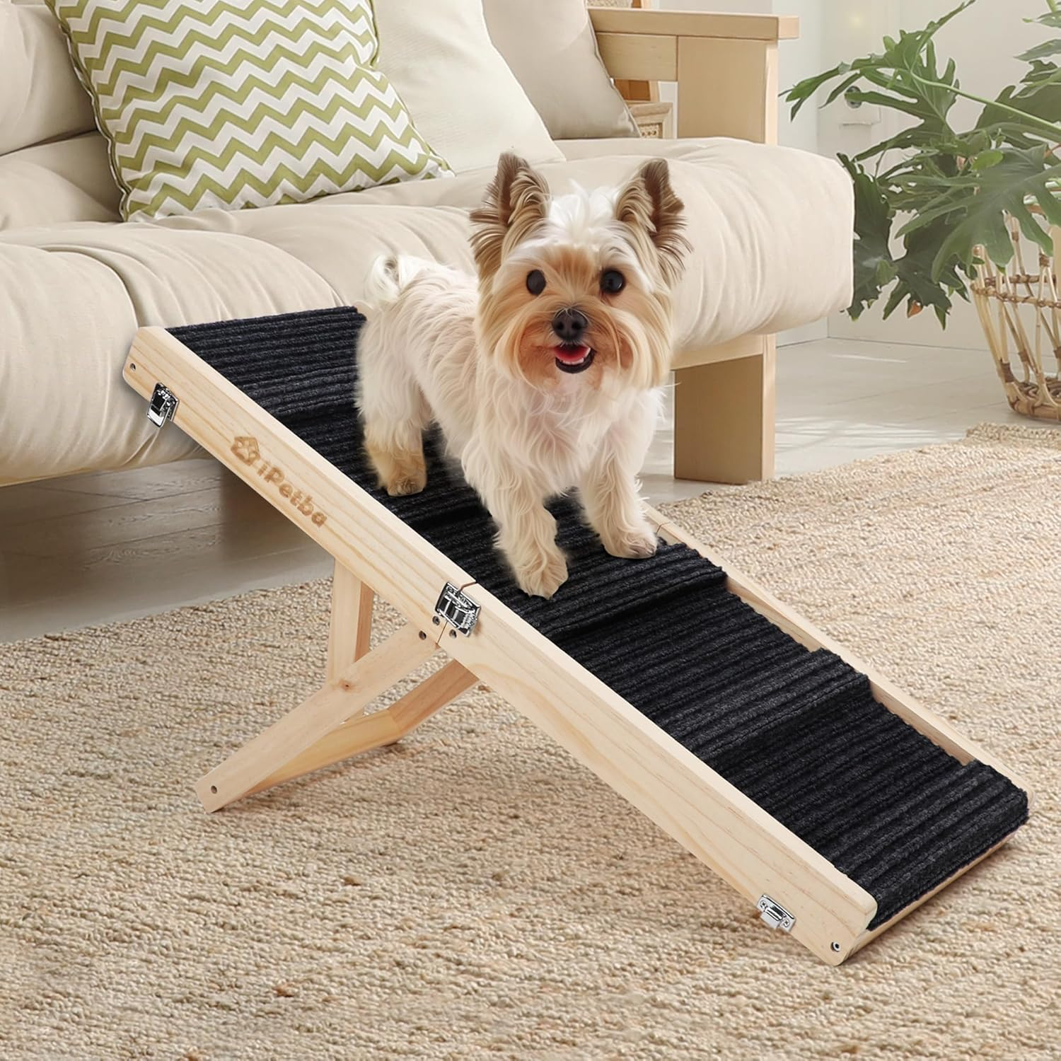 Ipetba Adjustable Dog Ramp Folding Portable Wooden Pet Ramp for Small Dogs 31.5" Long from 9.5" to 18.5" with Non-Slip 5 Paw Traction Mat Doggie Cat Ramps for Bed Car Sofa Couch (Up to 50 Lbs) image number 6