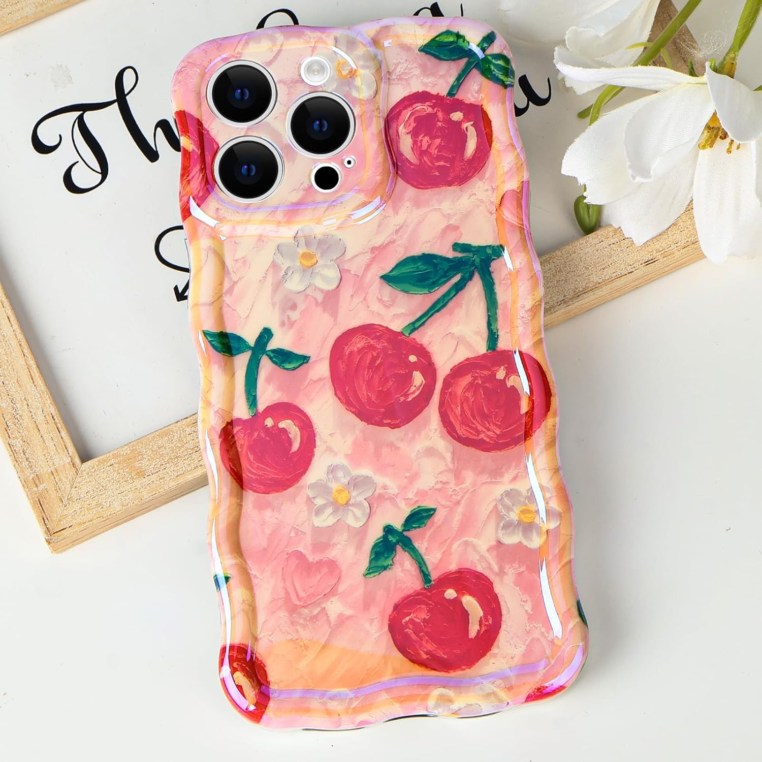 Tcaraersing for Iphone 14 Pro 6.1" Girly Case, Glossy Colorful Retro Oil Painting with Cherry Pattern, Cute Curly Wave Frame Exquisite Soft TPU Mobile Cover for Girls Women image number 4