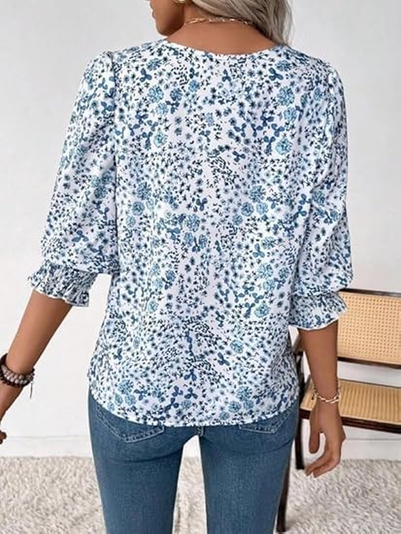 Frontaley Women Sleeve Blouse, Frontley Tops for Women, Dressy Casual 3/4 Length Sleeve Blouses Smocked Cuffs