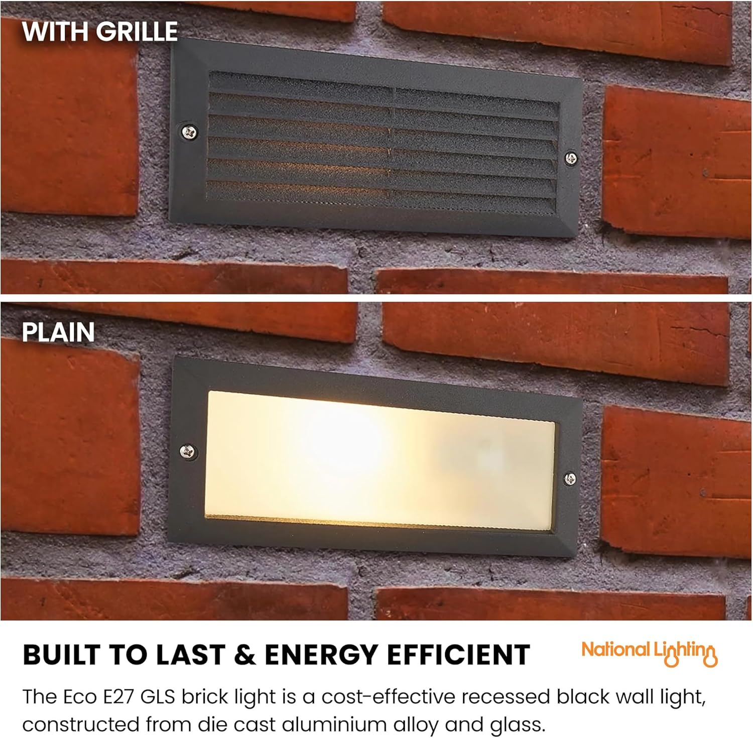 ECO Outdoor Black Aluminium & Frosted Glass Brick Light with Grille and Plain Front Panels - IP44 Rated - Black image number 2