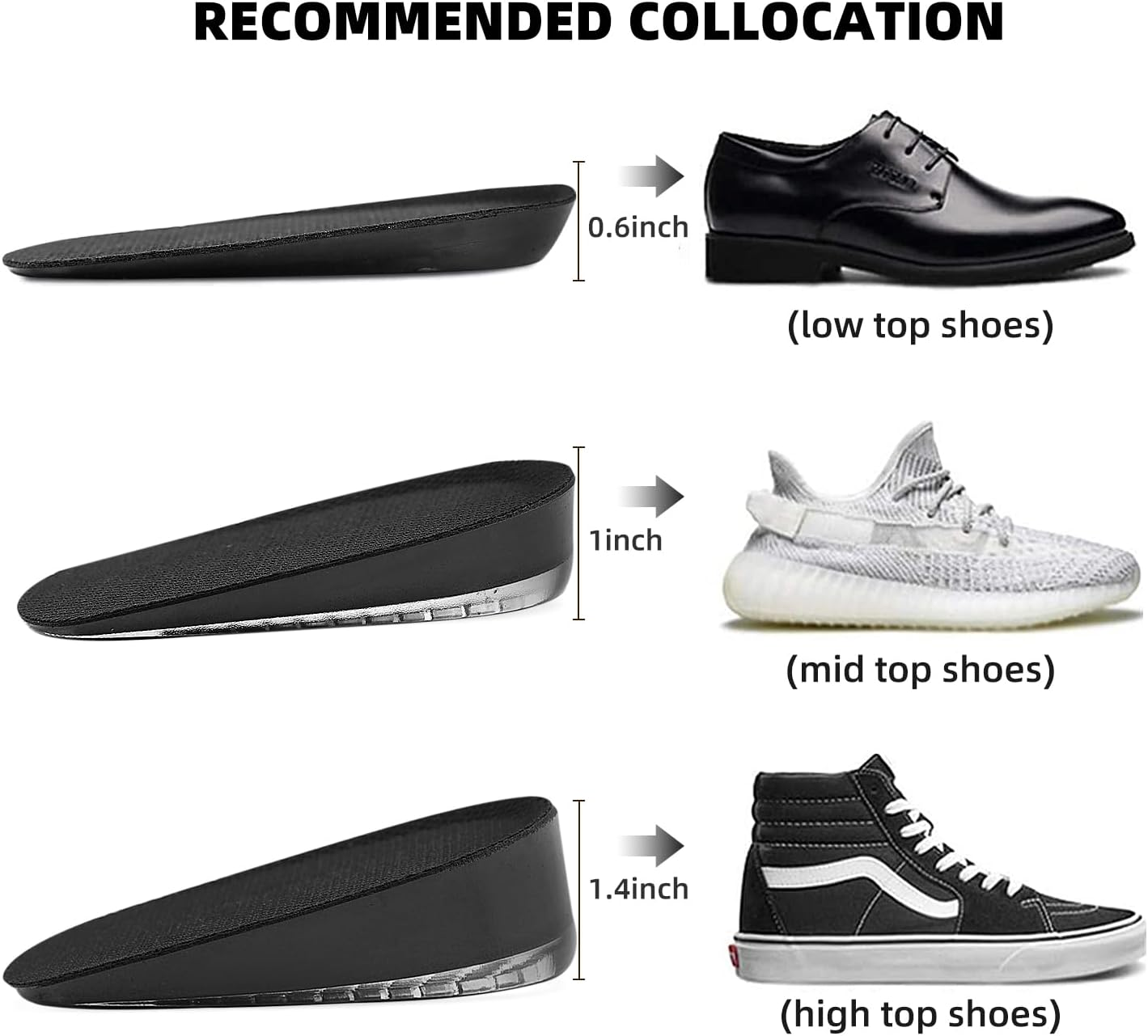 Height Increase Insoles, Heel Lift Pad, Gel Height Increase Insoles, Shock Absorption Heel Cushion Pads, Height Lift Shoes Inserts for Men & Women (Small (5-9), 0.6 Inch (2 Pairs) Black) image number 5