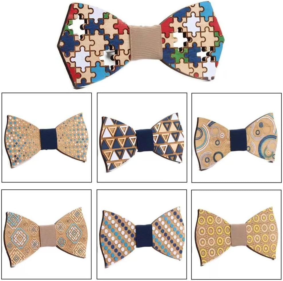 Natural Wood Bow Ties Colorful Handcrafted Wooden Bowtie Necktie Adjustable Bowties with Gift image number 5