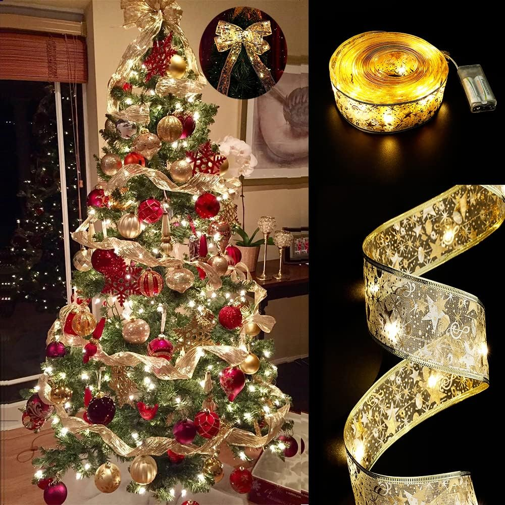GIHOO Christmas Tree Decorations String Lights 32Ft 100 LED Lights Copper Wire Ribbon Bows Lights for Party Weddings Holiday Christmas Tree Decorations (Gold Warm Light Battery Powered) (Golden) image number 4