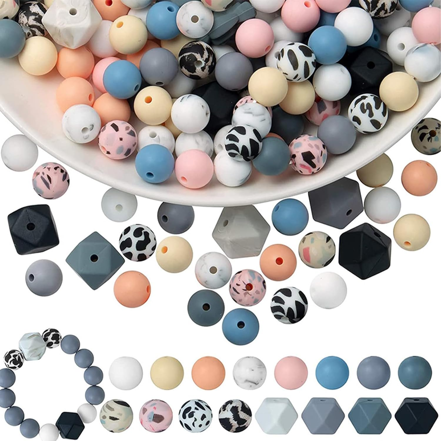 Silicone Beads Kit 104Pcs,14Mm Hexagon Beads,Diy Silicone Beads for Keychain Making, 12Mm Rubber Beads for Lanyard Making