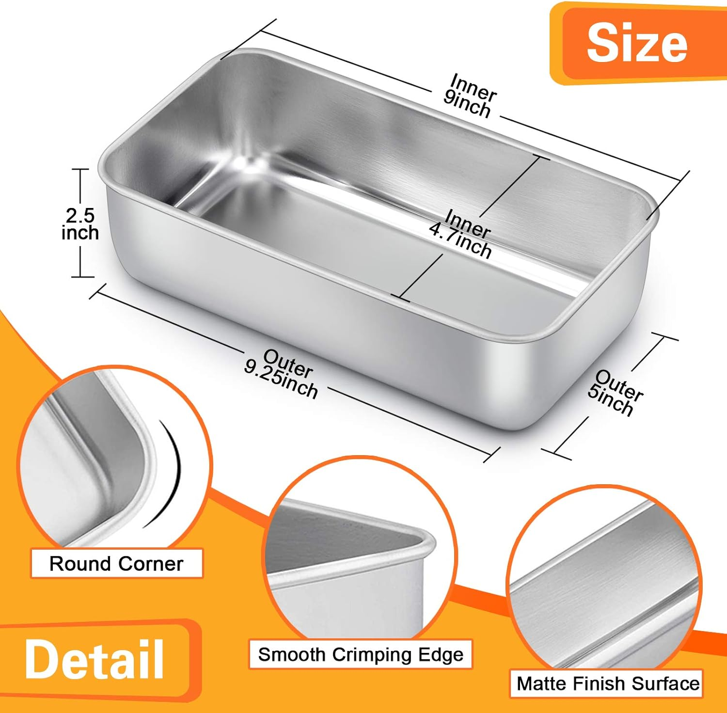 E-Far Loaf Pan for Baking Bread, 9 X 5 Inch Stainless Steel Baking Loaf Pans, Metal Bakeware for Bread Meatloaf Cake Brownies, Healthy & Non Toxic, Easy Release & Dishwasher Safe - Set of 2 image number 2