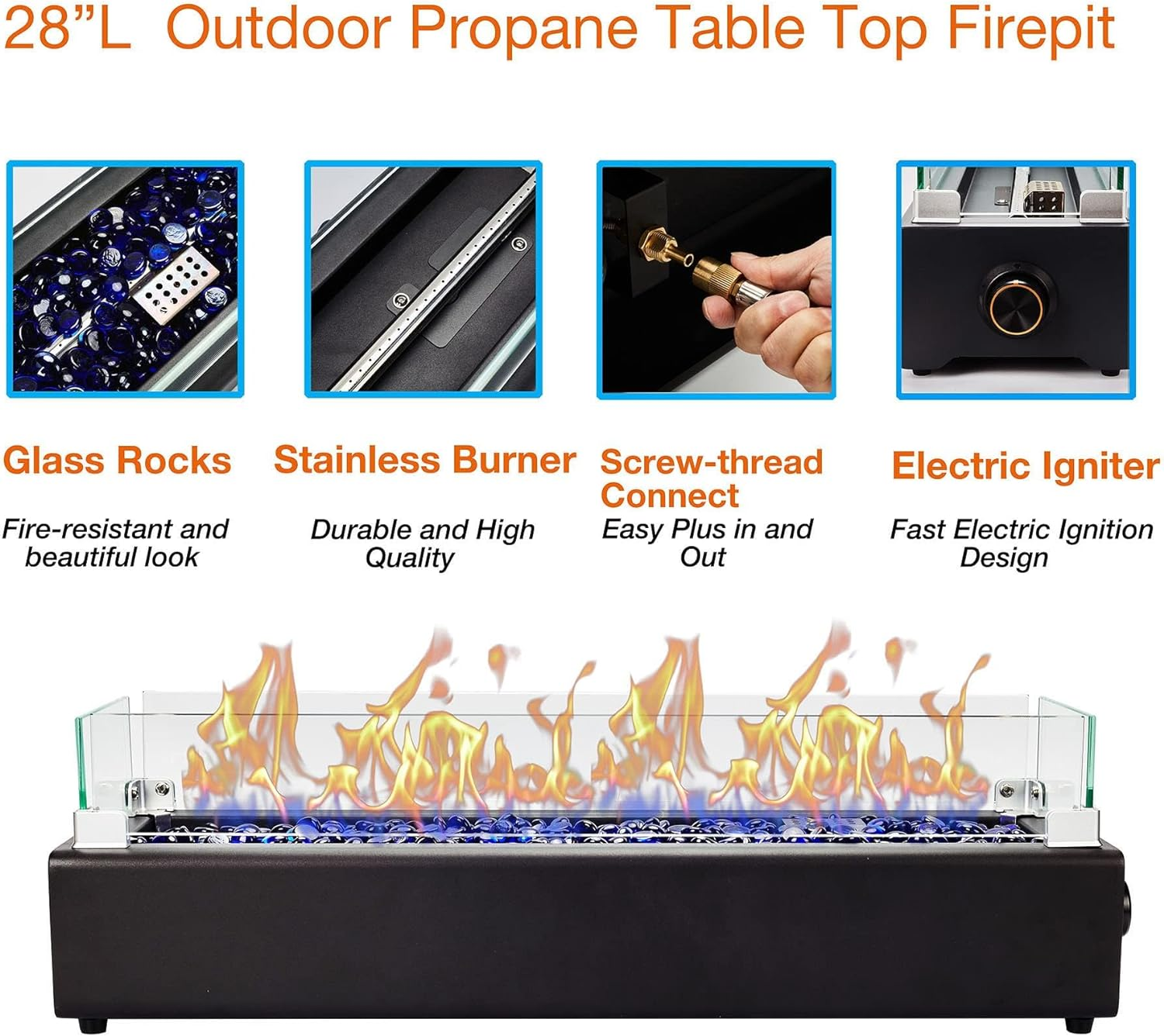 28-Inch Table Top Propane Fire Pit, 40,000 BTU Tabletop Firepit for Patio, Outdoor Portable Rectangular Fire Bowl W/Wind Glass Shield, Glass Rocks - Black image number 6