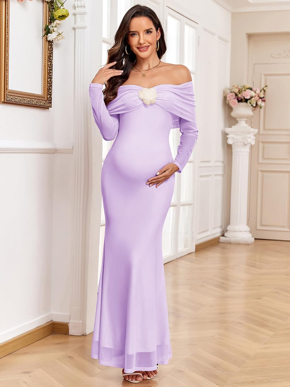 Maternity off the Shoulder Mermaid Maxi Dress Mesh Bodycon Pregnancy Dresses Baby Shower Photoshoot with Floral