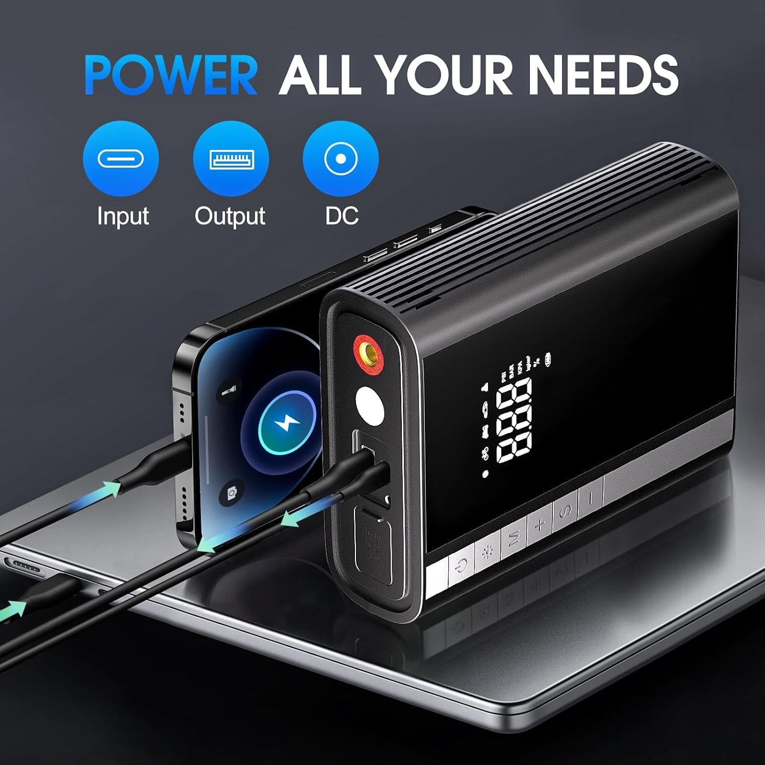 Car Jump Starter with Air Compressor, 10000Mah Battery Pack Jump Starter 1500A Peak for up to 7.0L Gas and 5.5L Diesel Engine, 12V Battery Booster Jump Box with LED Display/Flashlight/Jumper Cable/Usb image number 3