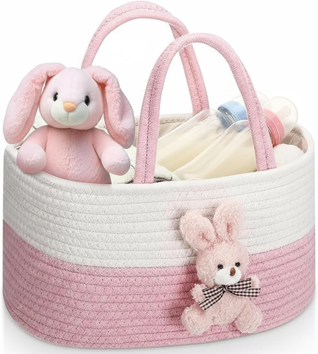 Baby Nappy Caddy Diaper Caddy Organizer, Baby Shower Basket, with Removable Inserts Nursery Bohemian Cotton Rope Storage Basket, Baby Storage Basket for Changing Table and Wipes (Pink Rabbit)