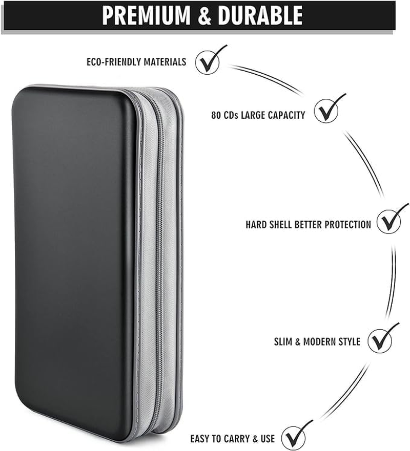 CD Storage Case,80 Capacity Portable DVD Case,Cd/Dvd Case Storage Holder Binder Organizer Portable Zipper Hard Plastic,Cd Case Holder Organizer for Home,Car,Office,Travel image number 3