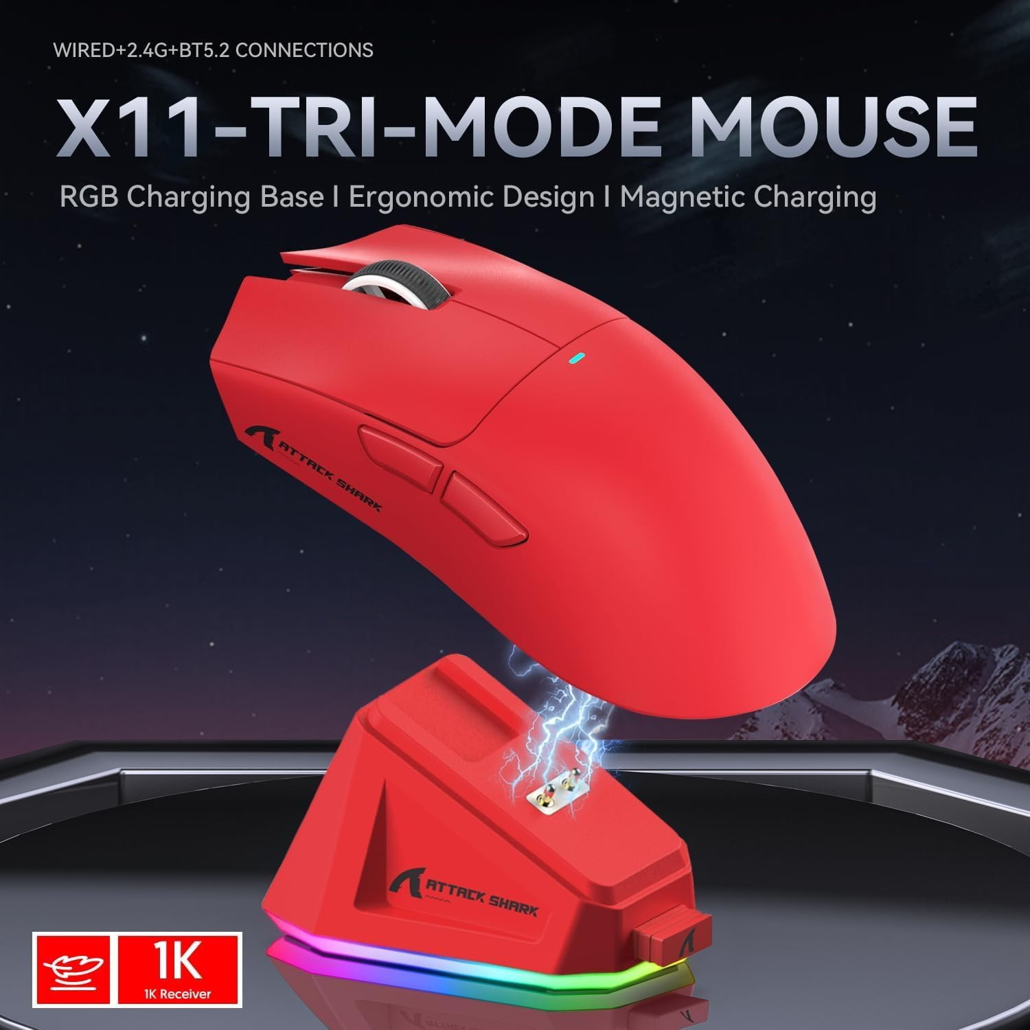 ATTACK SHARK X11 Ultra-Light Triple Mode Gaming Mouse PAW3311 Optical Sensor 22K DPI 5 Programmable Buttons for Pc/Mac Red&Sticker