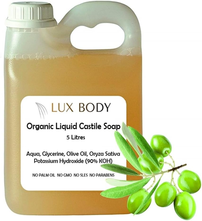 Lux Body Pure Organic Liquid Castile Soap - Thick & Concentrate. Free of Palm Oil, Parabens, Sulfates, Mineral Oil, Phthalates, Formaldehyde, Pegs and It'S Also Gluten-Free, Non-Gmo, 5 Litres