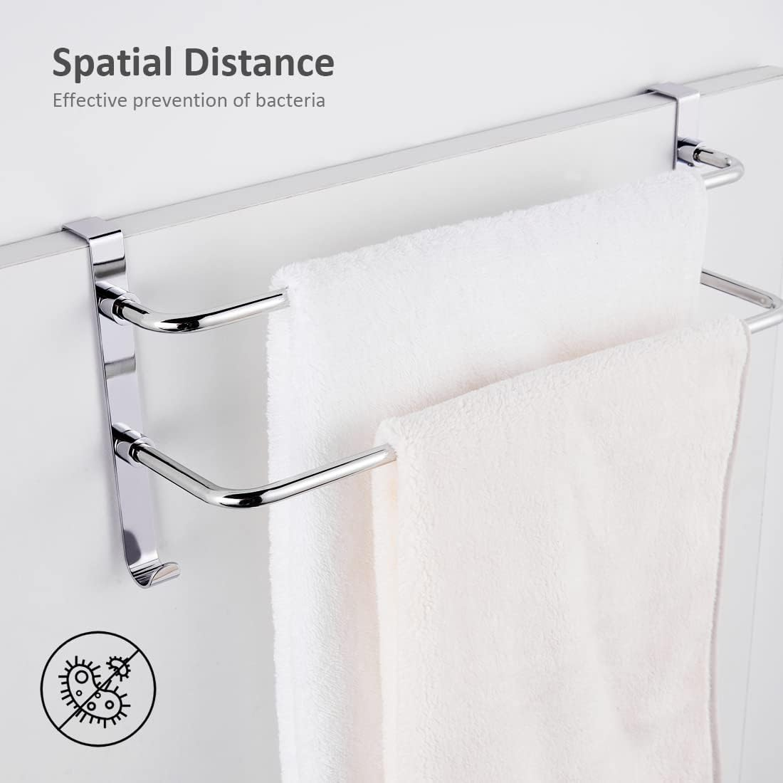 EMKE Double Towel Rail, Bathroom over the Door Hanging Towel Rack with Hooks, Stainless Steel Sink Towel Holder with Large Space for Kitchen Toilet Hotel Shower Room, Chrome image number 4
