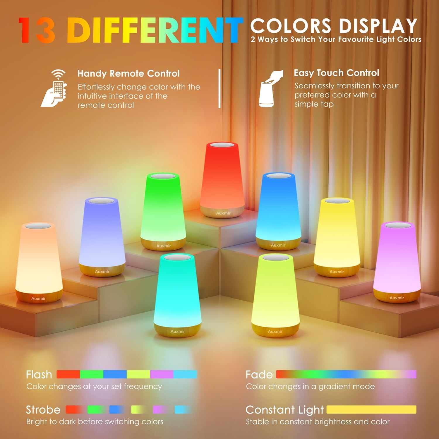 Auxmir Night Light for Kids Baby, LED Bedside Lamp for Nursery, Touch Sensor and Remote Control Dimmable, USB Rechargeable and Sleep Aid, 13 Colors Changing Portable Lamp for Bedroom Eye Caring image number 6