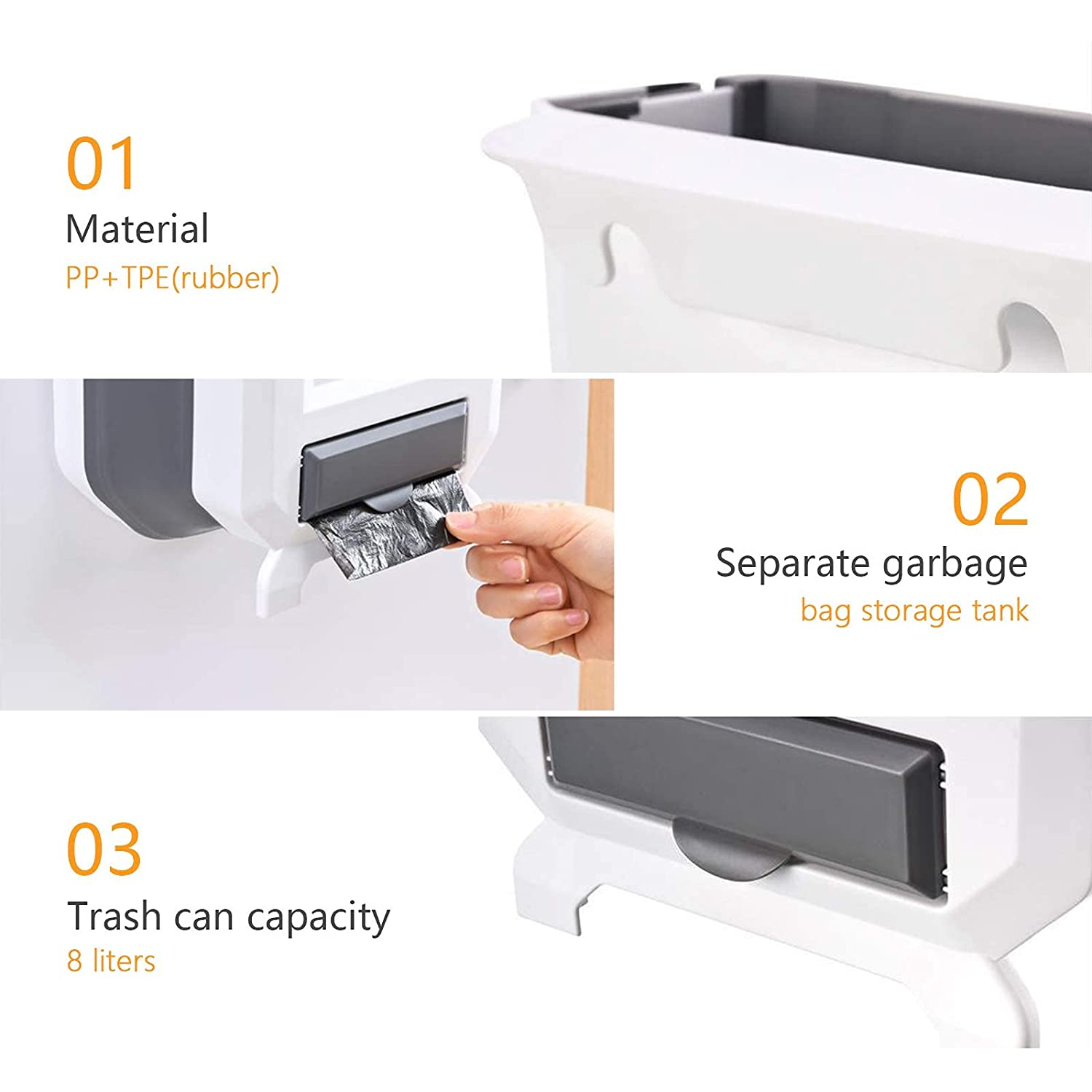 Kitchen Bin,Rubbish Bin Plastic Folding Wall Mounted for Cupboard Door Hanging Trash Can 8L (White) - White image number 4