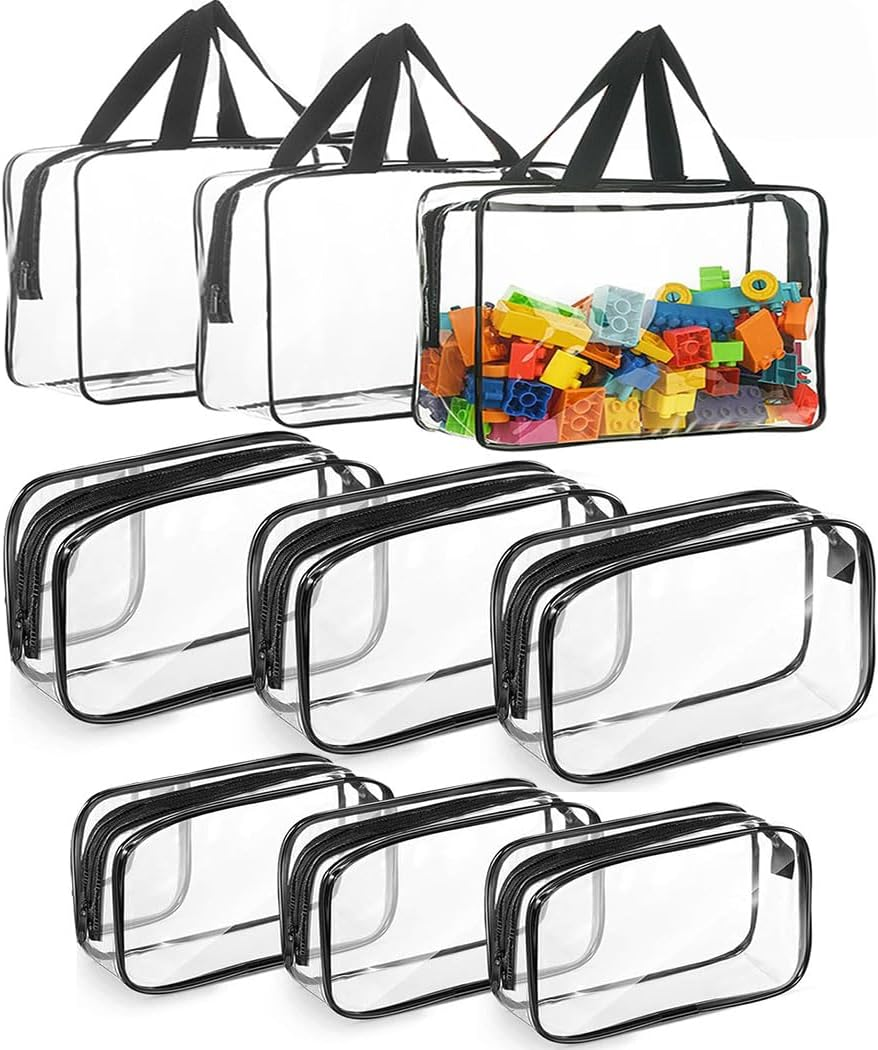 Idopick 9 Packs Toy Storage Bags Clear PVC Organizing Bags with Zipper Reusable Travel Waterproof Organizer Bags for Toys,Books,Building Blocks,Puzzle
