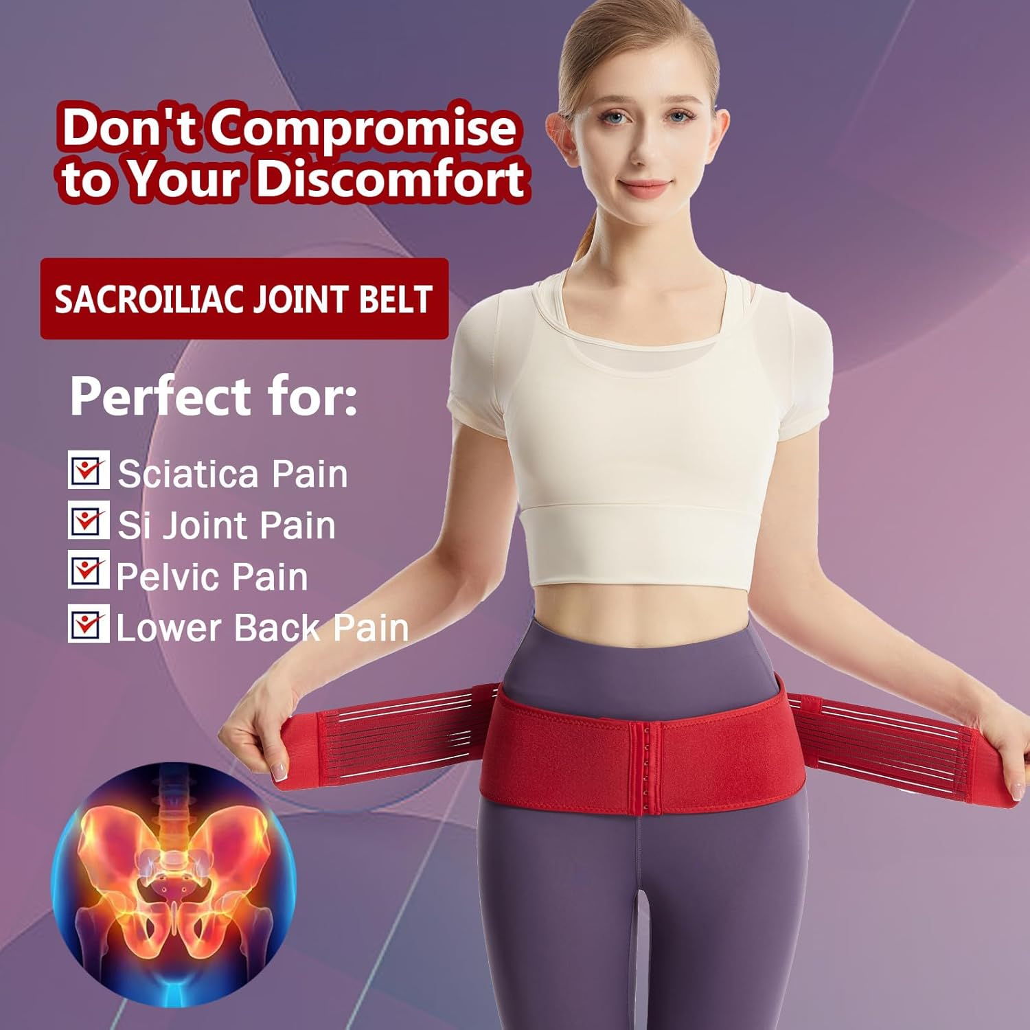 Paskyee Sacroiliac SI Joint Hip Belt with Extra 6-Row Hooks&Eyes, Lower Back Support Brace for Men and Women - Pelvic Support Belt,Sciatica Pelvis Lumbar Hip Pain Relief Regular image number 1