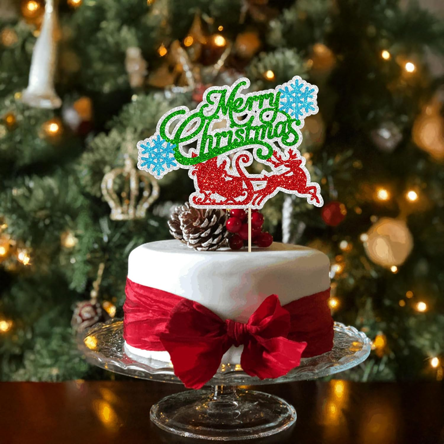 Gyufise 1 Pack Merry Christmas Cake Topper Glitter Snowflake Santa Claus Christmas July Birthday Cake Decorations for Merry Christmas Theme Happy New Year Party Supplies image number 6