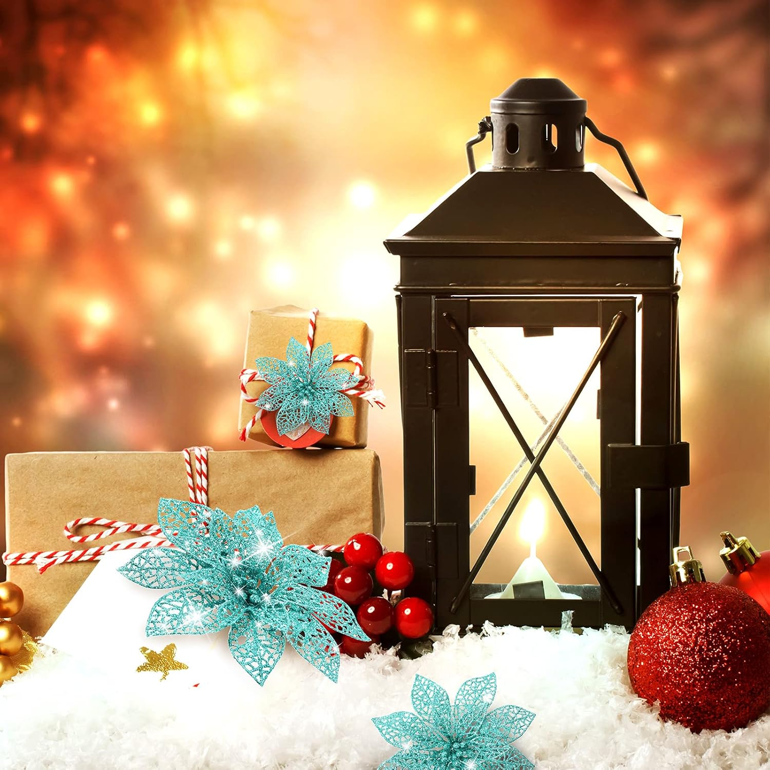 WILLBOND 36 Pieces Christmas Poinsettia Flowers Artificial Ornaments Glitter Christmas Decorations Tree Wedding New Year(Blue-Green) image number 1