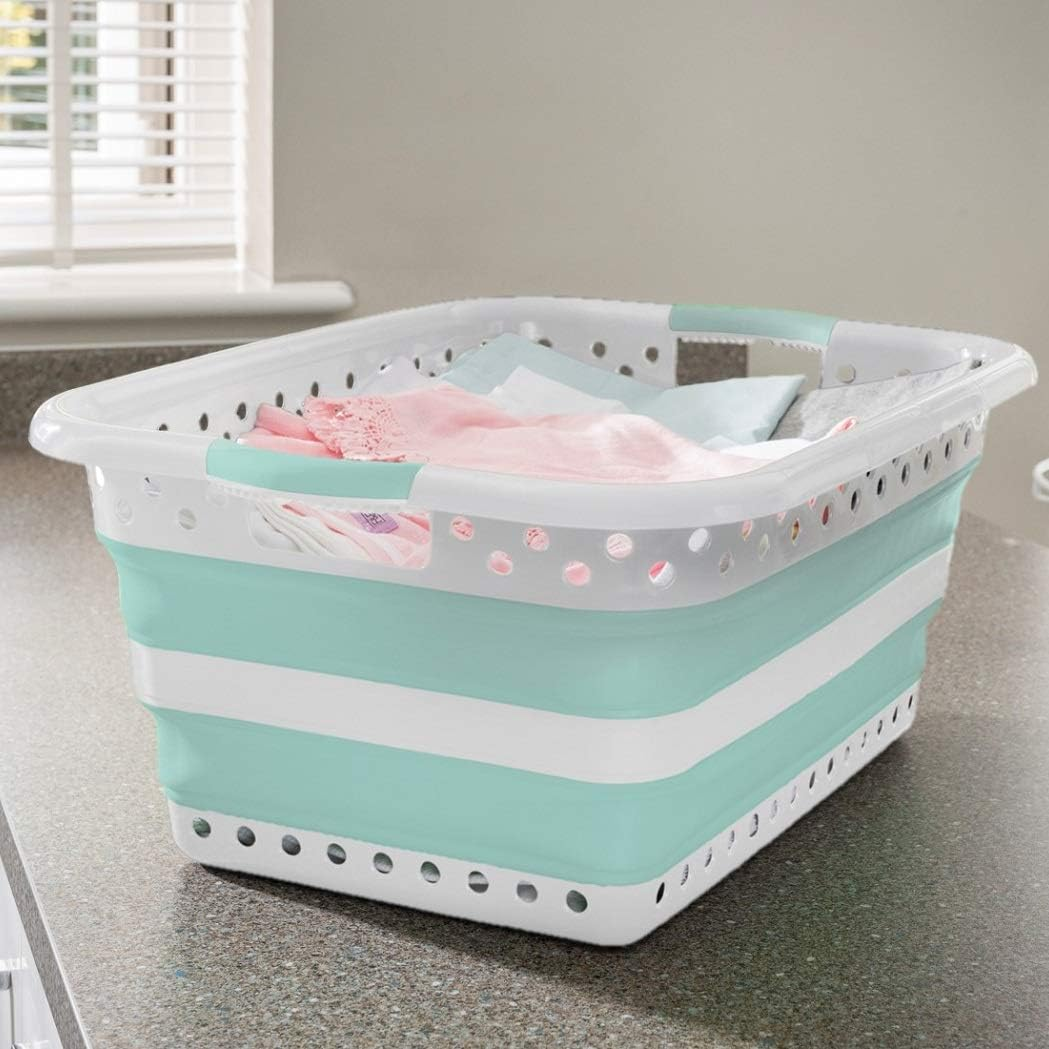 Addis 517934 Foldable Rectangular Laundry Basket, White & Aqua Haze, 45 Litre