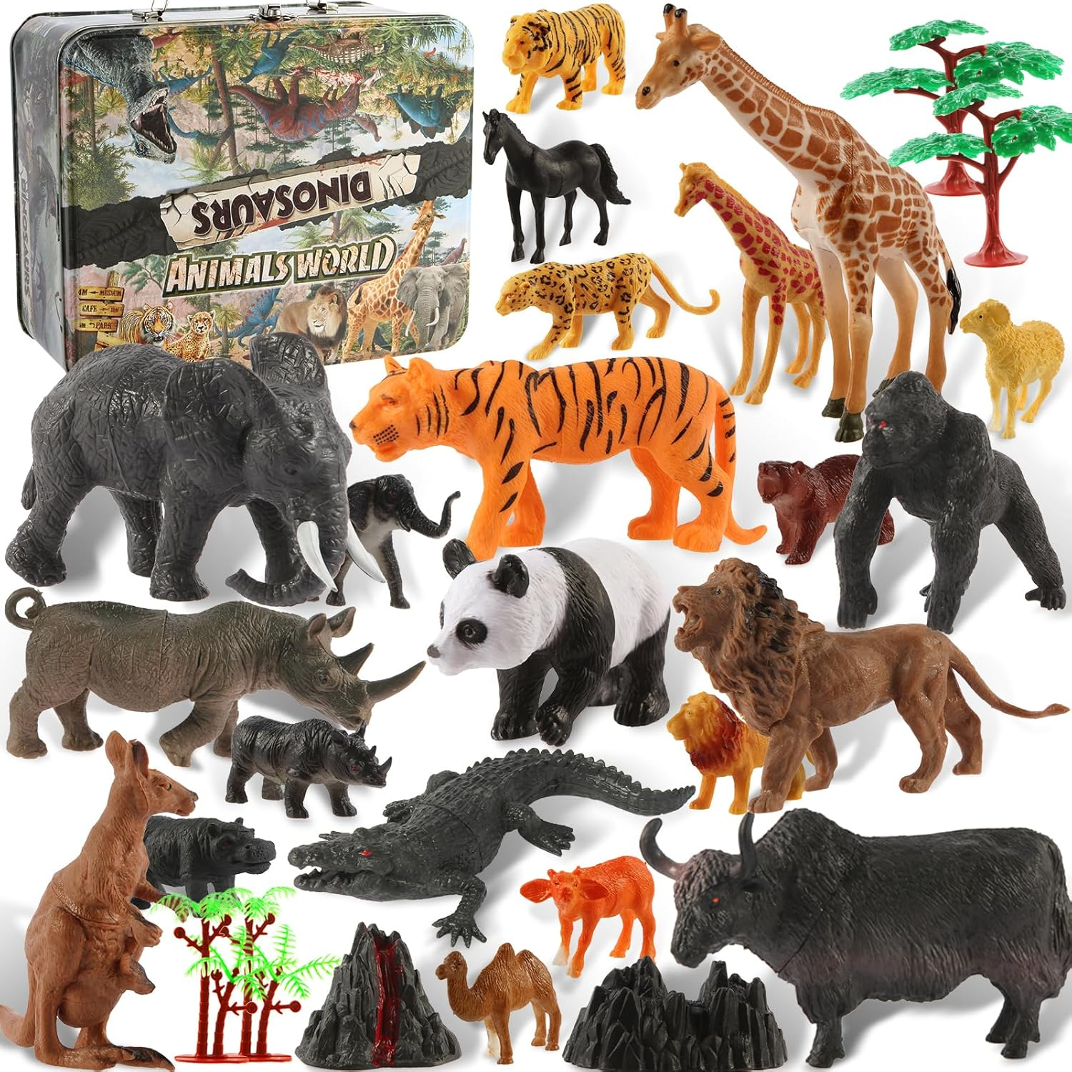 30-Piece Safari Animals Figures Toys Set for Kids -6-Inch Realistic Jumbo Wild Zoo Animals, Plastic African Wild Zoo Animals Playset with Metal Storage Box Educational Learning Playset for Kids 3-5-7 image number 1