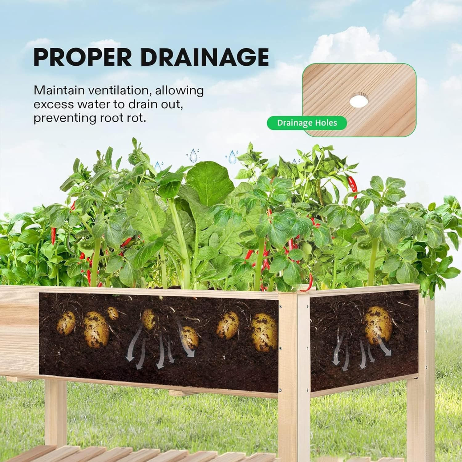 Natural Raised Garden Bed with Wheels, Mobile Elevated Wood Planter Box for Outdoor Patio, Deck, Balcony, Backyard, 120 * 59 * 80CM image number 6