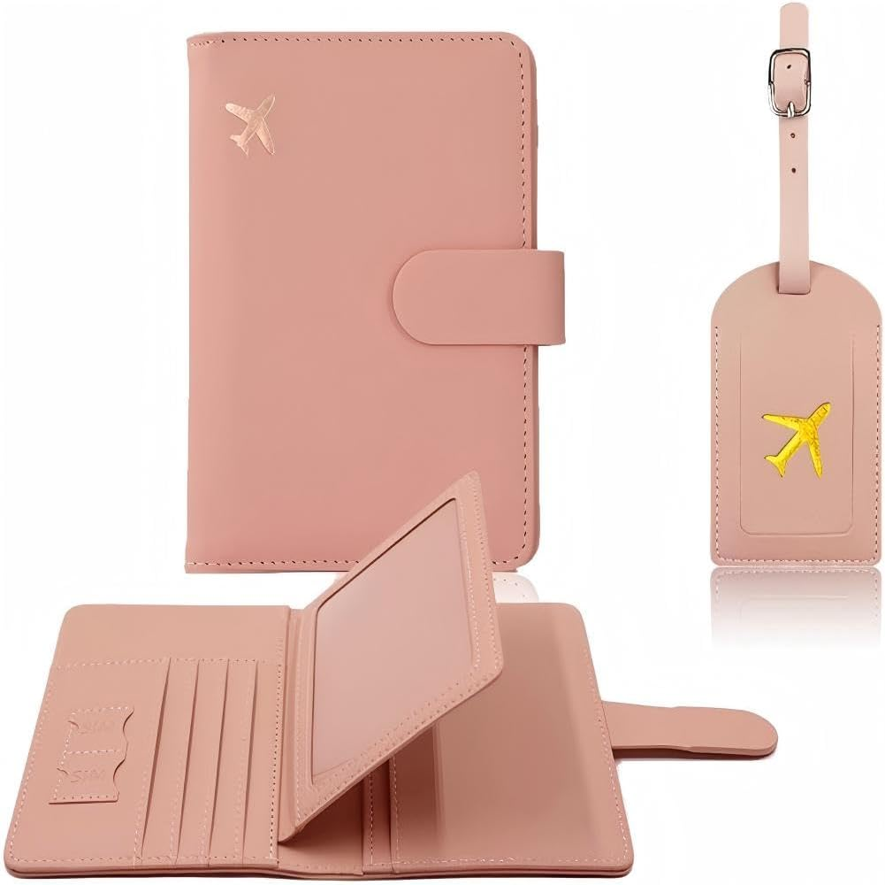 Passport Holder with Leather Luggage Tags, Travel Wallet Set, Haves Accessories Passport Book Holders for Women and Men (Pink)