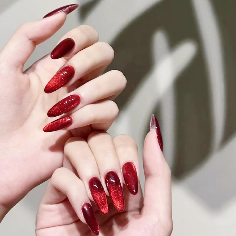 24Pcs French Tip Stick on Nails Cat Eye Glitter Design Press on Nails Gradient Glitter Fake Nails Jerry Glue for Women Girls image number 3