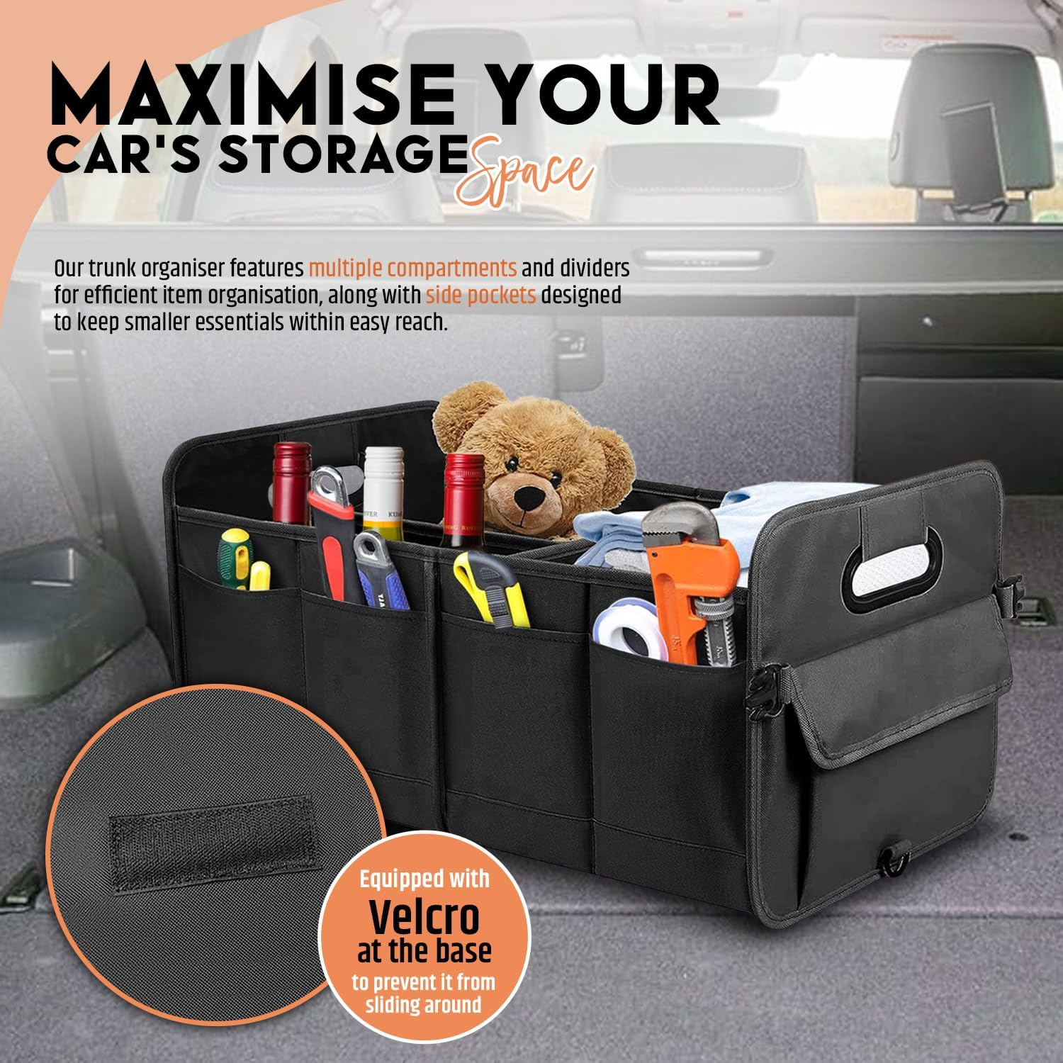 Car Boot Organiser with Super Capacity Storage &ndash; Collapsible, Car Trunk Organizer with Reinforced Handles, Adjustable Straps & Non-Slip Bottom &ndash; 2 Seatback Organisers for Suvs, Sedans, & Rvs - Black image number 2