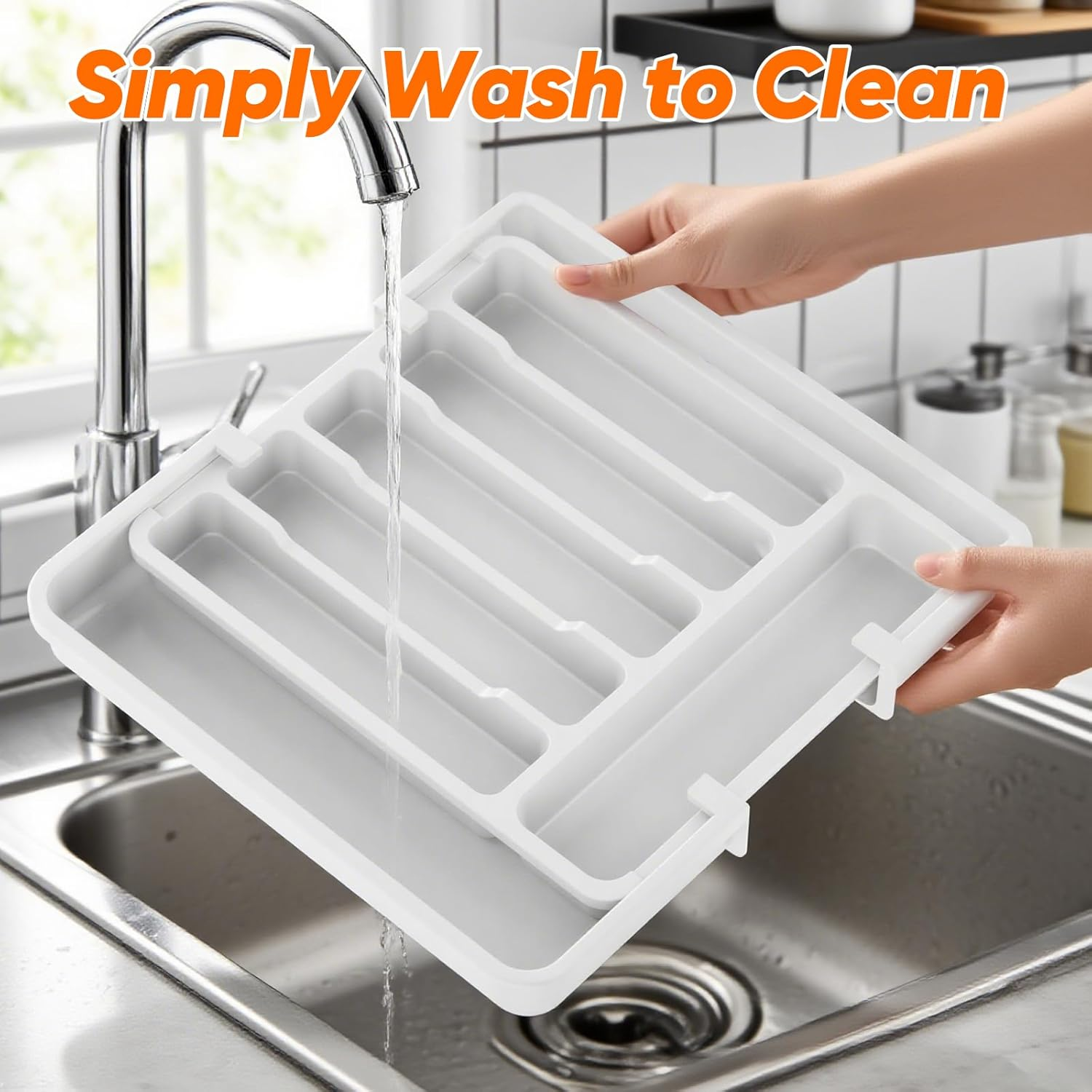 Cutlery Drawer Organiser Expandable Utensil Storage Box, Large Adjustable Silverware and Flatware Holder, Kitchen Organizer with Space Saving Design for Knives, Forks, Spoons, White image number 3