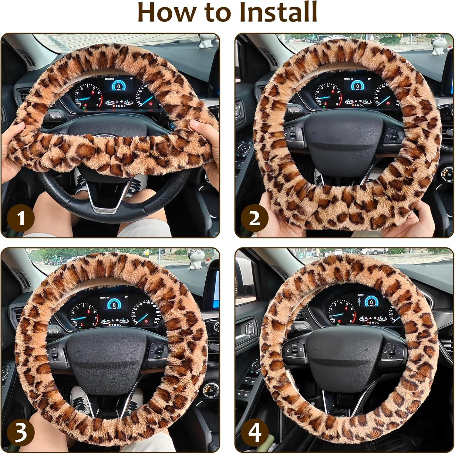 Accmor Fuzzy Car Steering Wheel Cover, Universal Fit Fur Auto Wheel Cover & Handbrake Cover & Gear Shift Cover Set, Leopard Warm Fluffy Vehicle Wheel Protector Car Accessories for Men Women (Brown) image number 6