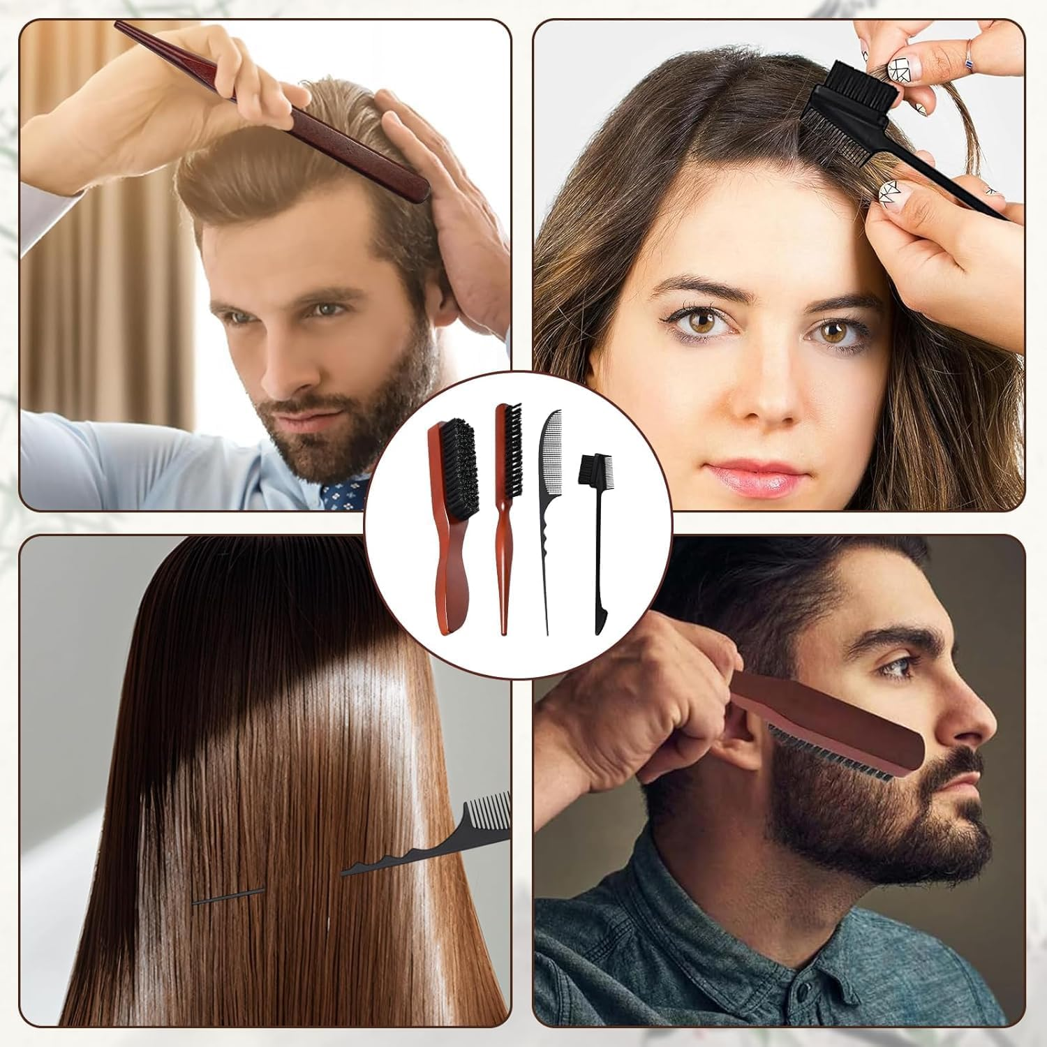 4Pcs Slick Back Hair Brushes Boar Bristle Hair Brush with Crescent Comb and Eyebrow Comb, Wooden Handle Bristle Slick Back Teasing Boar Bristle Sleek Styling Hair Brush image number 4