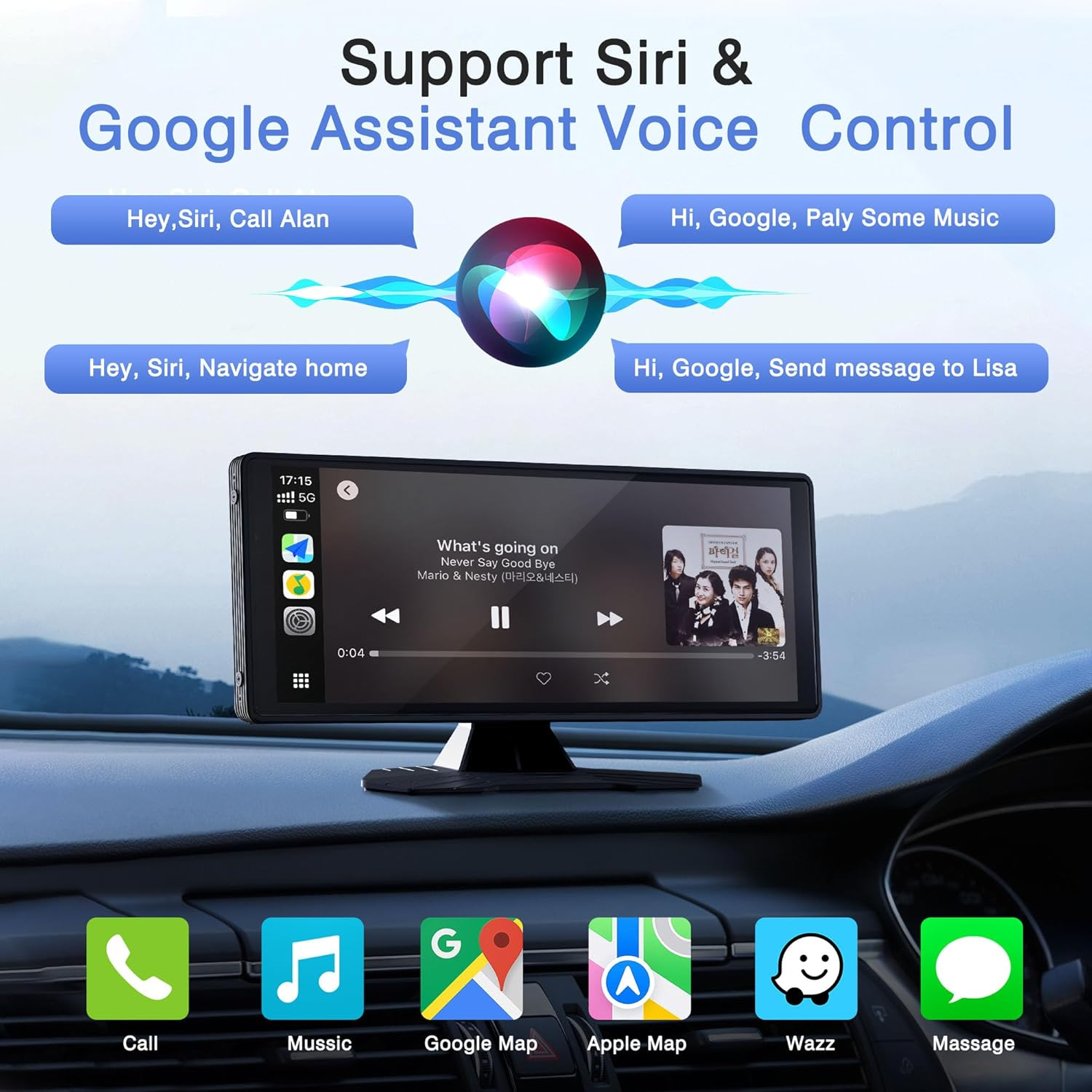 OTNBGSR 10.26'' Wireless Carplay Screen for Car,Portable IPS Android Auto Touchscreen - with Mirror Link、Bluetooth Audio、Siri Google Voice Assistant、Aux、Ahd Reversing Camera image number 4