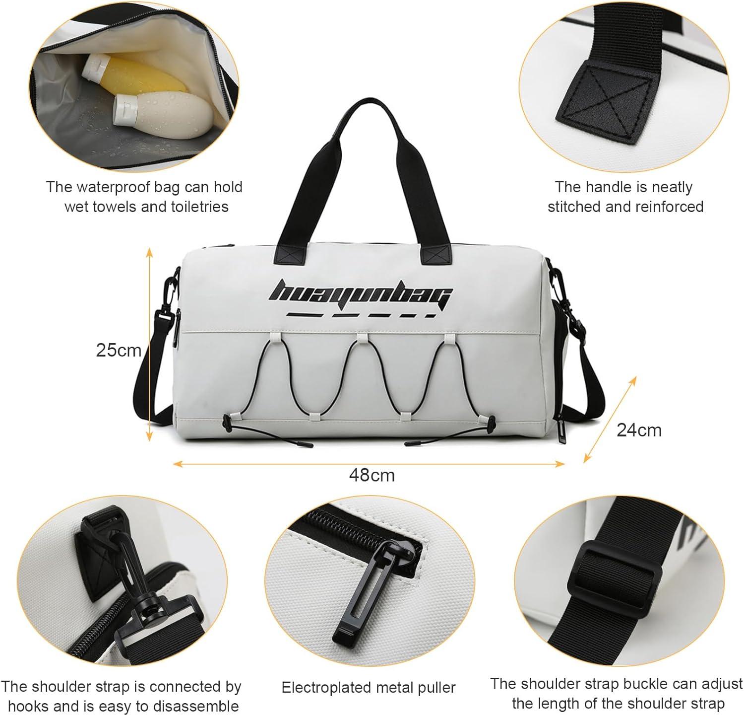 Gym Bag for Men Women, Sports Travel Duffel Bag with Shoe Compartment and Wet Porcket, Weekender Travel Bag Overnight Bag, Multi-Functional Sports Gym Bags for Gym, Sports, Travel, Yoga (Off-White)