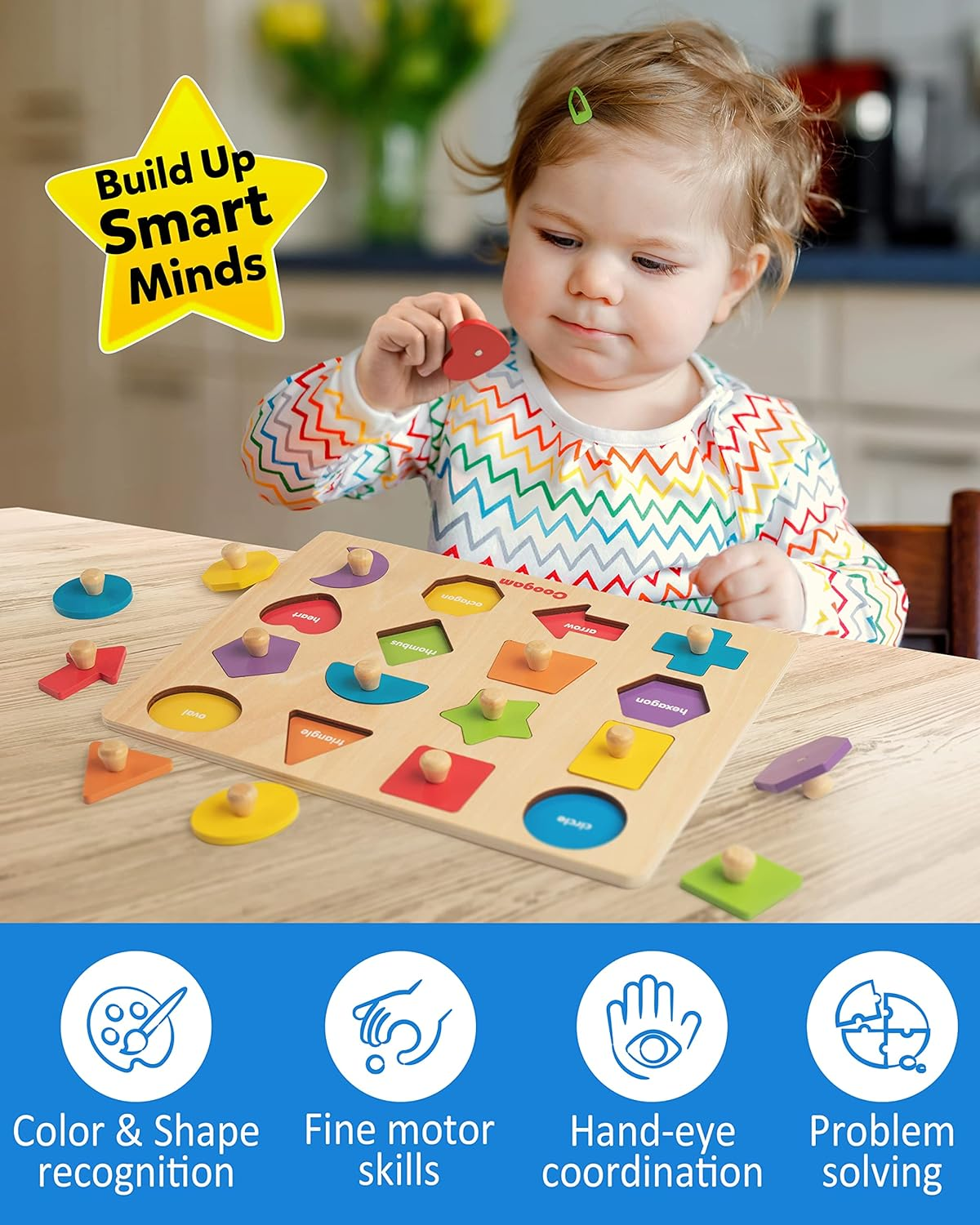 Coogam Montessori Toy Wooden Shape Peg Puzzle, Fine Motor Color Matching Sorting Board, Early Learning Educational Activity Toy Preschool Toddler Baby 3 4 5 Year Old image number 5